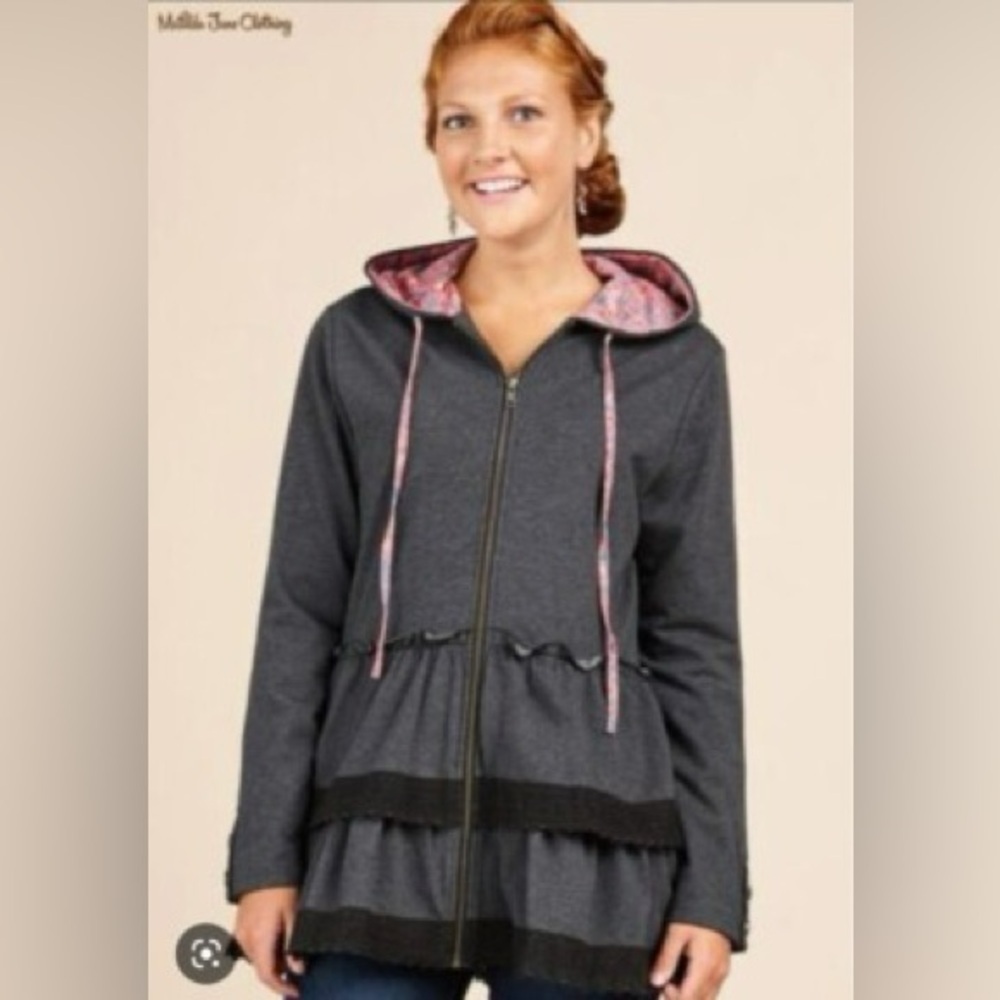 Matilda Jane Wise Wonderful Zip Up Hoodie Jacket Sweatshirt Ruffle Gray Size XS